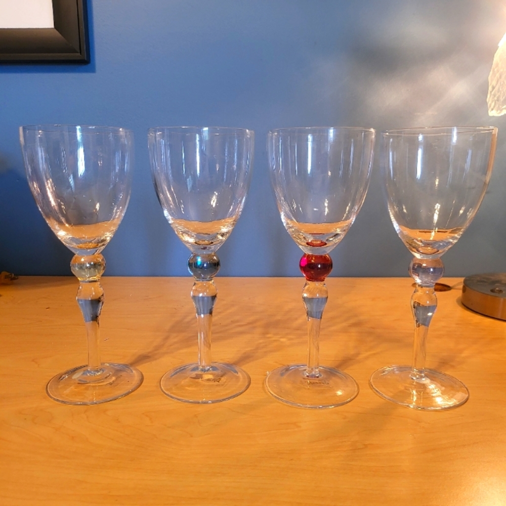 Vintage Handblown Signed Multicolor Wine Glasses Set Of 4